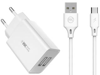 WK Design Dual USB Charger with Type-C Cable - White [WP-U56 Combo]