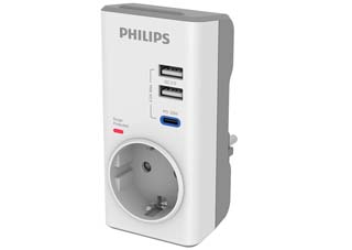 Philips Surge Adapter CHP8010W - 1x Schuko with 2 USB-A + 1 USB-C Charger Ports [CHP8010W]