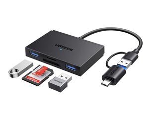 UGREEN CM812 USB Type A/C to 2x USB-A 3.0 - 1x SD Card - 1x TF Card Hub - Black [45167]